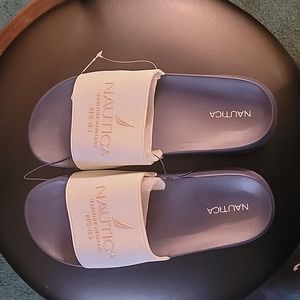 Women's Nautica slides, size 9, Navy Blue, pink and white